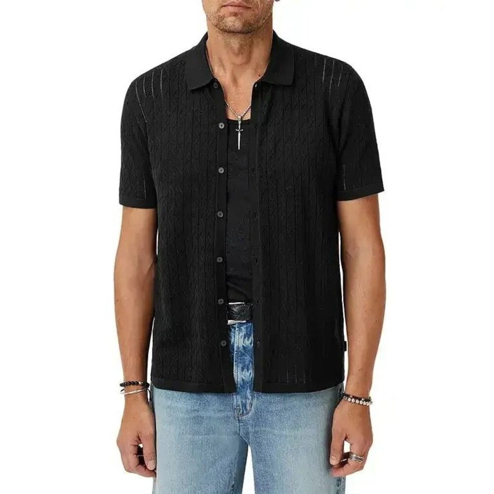 JOHN VARVATOS Shirt Mens XL Black Button Up Textured Knit MOORE $268